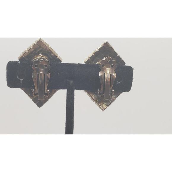 Vintage AB Aurora Borealis Rhinestone Clip On Earrings Faux Pearl Center 50s 60s - Picture 5 of 13